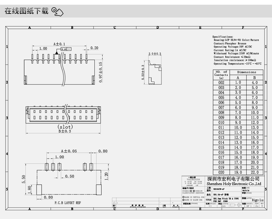1.0mm間距線對(duì)板臥貼 封裝規(guī)格書(shū)圖紙 型號(hào)尺寸圖 在線下載