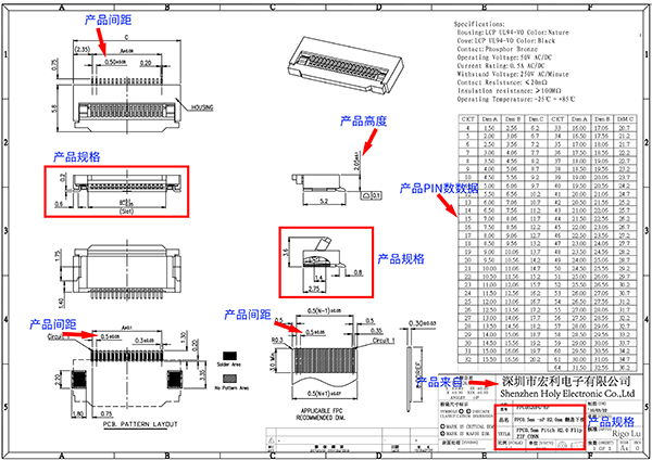 ffc/fpc連接器插座0.5mmpdf圖紙?jiān)趺纯?？宏利電子來教你[宏利]