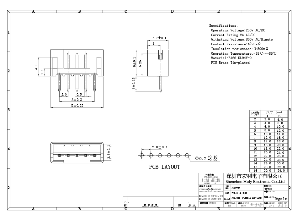 源頭廠家 PH2.0間距 9P-16P 后焊直插 用于多種PCB鏈接線插座,宏利
