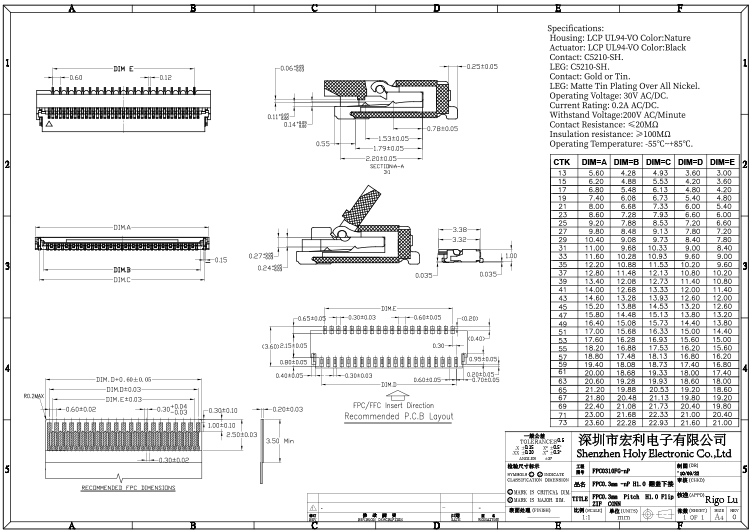 fpc連接器0.3mm間距H1.0厚翻蓋下接 封裝規(guī)格書圖紙 型號尺寸圖 在線下載